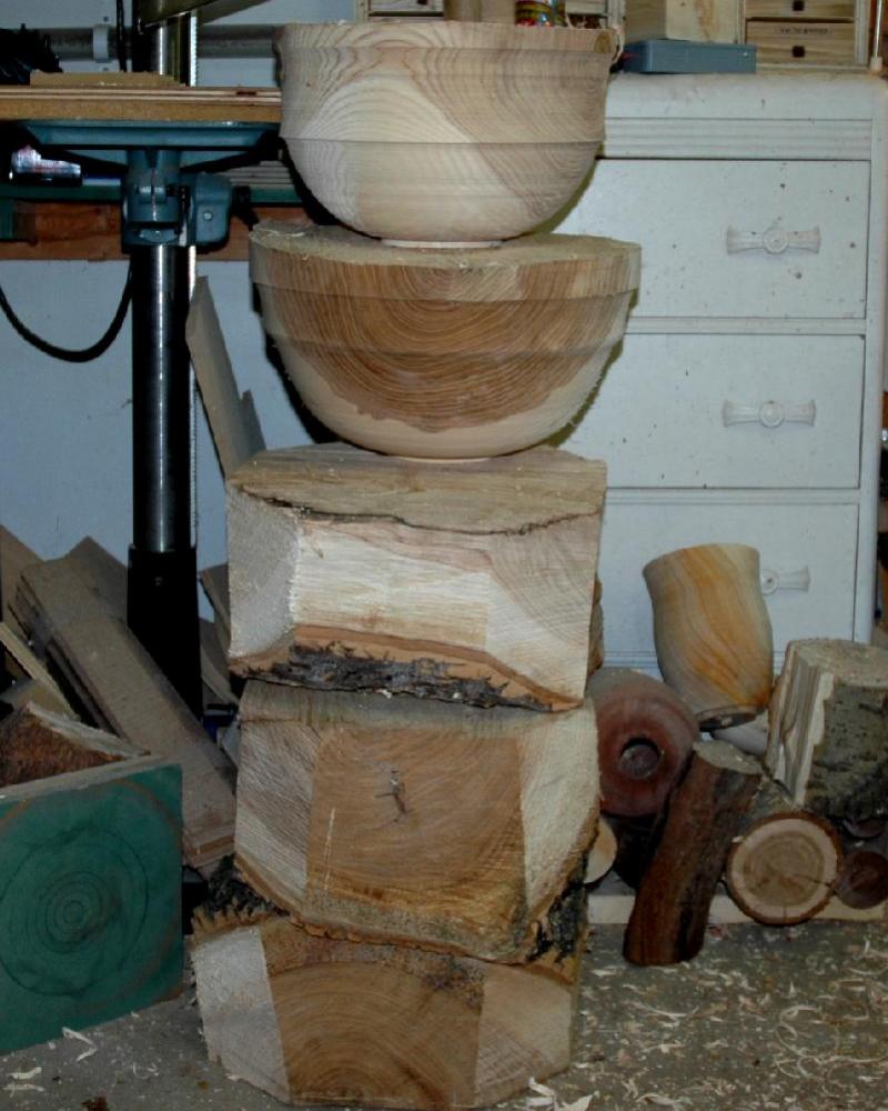 A pile of ash blocks ready to put on the lathe